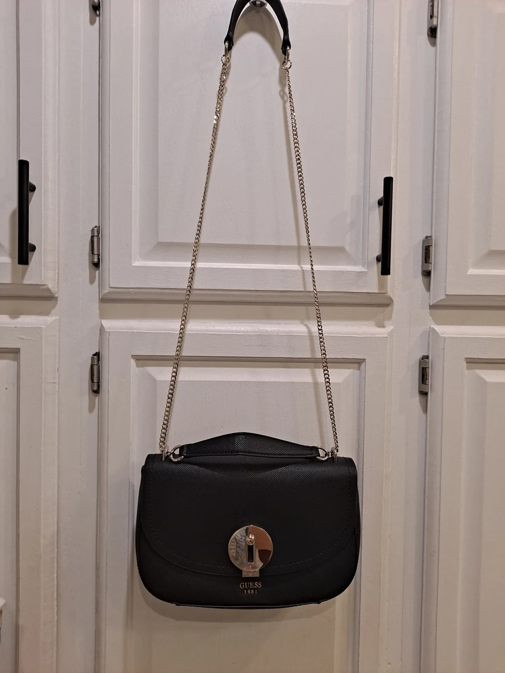 GUESS 1981 Augustina Black Saffiano Curved Flap Oversized Crossbody Bag
